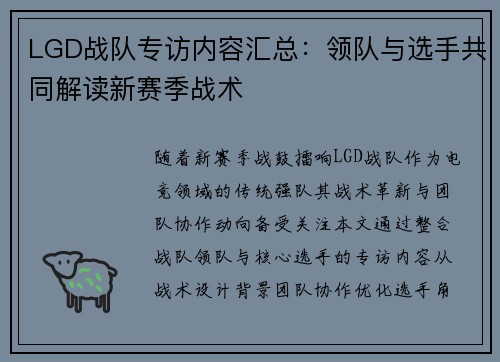 LGD战队专访内容汇总：领队与选手共同解读新赛季战术